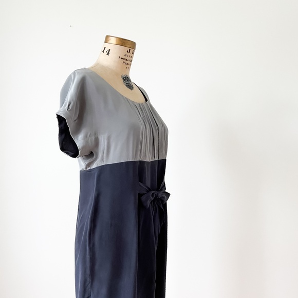 Planet 100% Silk Colour Block Pleated Midi Dress Size 10 - Tie Belt Cap Sleeves - Picture 8 of 14
